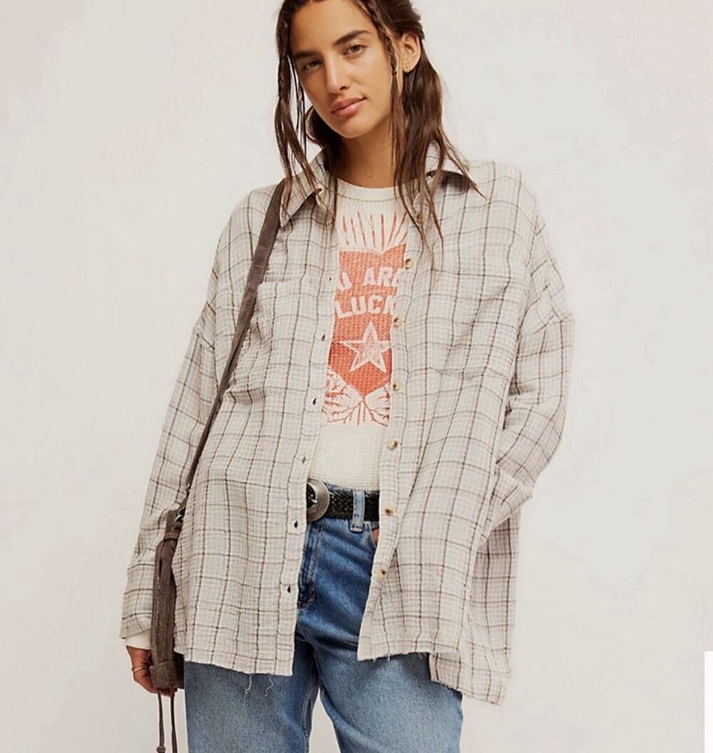 Free People We The Free Cardiff Plaid Texture Shirt Small Misty Lilac Oversized